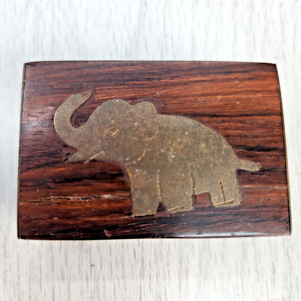 Elephant Brass Inlay Wooden Trinket Box 2”x1.5”x5” Made India Hinged Brass Sides